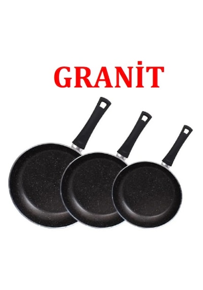 3'lü Kuvars Granit Tava Seti Antrasit Gri Renk Tava Set...