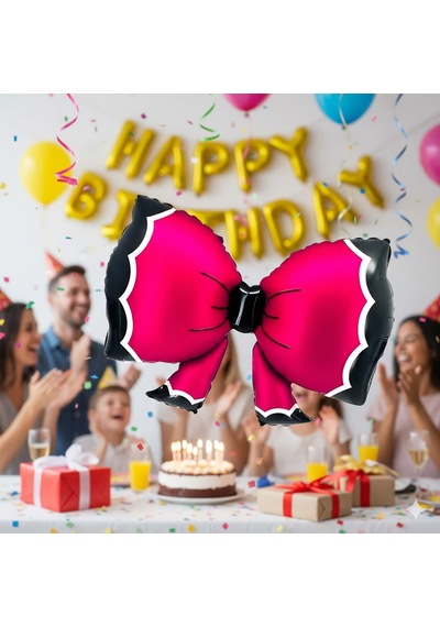 92x58 Cm Fuşya Bowtie Fiyonk Folyo Balon - Doğum Günü Parti Dekorasyon Balonu Çok Renkli