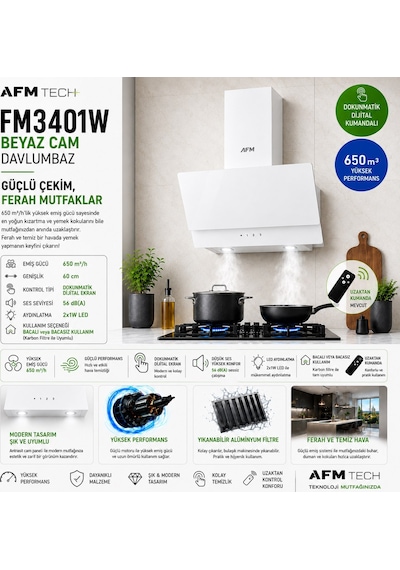 Eminçelik & Afm A24 FM7601W + 73 221 + FM3301W Dijital Turbo Beyaz Ankastre Set