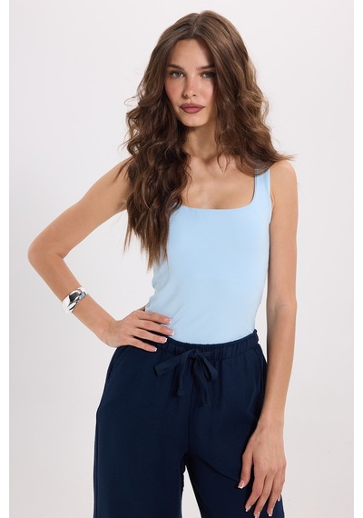 Tudors Kadın Slim Fit Dar Kesim Askılı Kare Yaka Sırtı Açık Sandy Kumaş Çıtçıtlı Mavi Body-51253