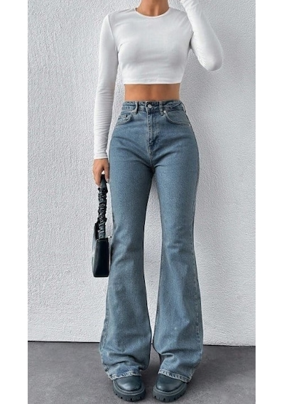 Herton Yüksek Bel İspanyol Paça Jean Pantolon - Eskitme Detaylı Full Pamuklu Flare Denim Açık Mavi
