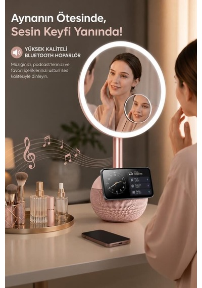 Bluetooth Hoparlör Led Işıklı Makyaj Aynalı Trm04 Rose Gold Doğum Günü Fonksiyonel Dekoratif