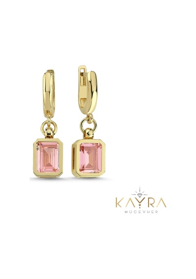 Kunzit Pembe Taşlı Altın Küpe Ahk03