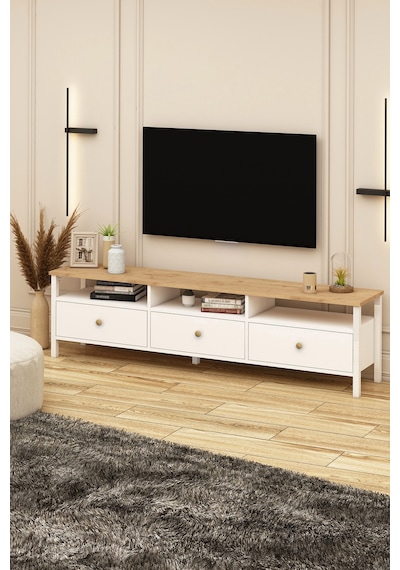 Remy Tv Ünitesi 180 Alt Modül Ahşap Kulplu Sepet - Beyaz Sepet - Beyaz