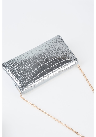 Vivaq Kadın Croco Gümüş Zarf Tasarım 2 Bölmeli Mini Zincir Askılı Çıt Çıt Kapama Clutch Ve El Çantası