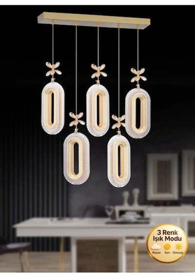 Eclipse Model 5"li Gold 3 Renk Modu Yemek Masası Oturma Çocuk Yatak Odası Modern Ledli Avize Gold