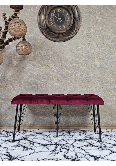Zafir Metal Siyah Tel Ayaklı 100 Cm Puf Bench - Puf - Bench - Oturak - Mutfak Oturağı - Antre Oturağı Bordo