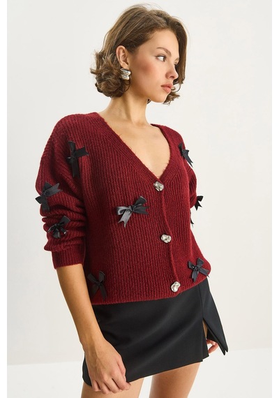 Shade Kadın Fiyonk Aksesuarlı V Yaka Oversize Düğmeli Hırka 60283642 - Bordo