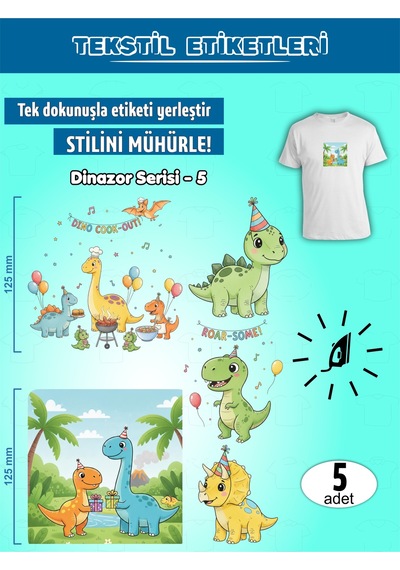 Ütü Ile Yapışan Kıyafet Etiketi Dinozor Serisi -5 5li Set Karışık