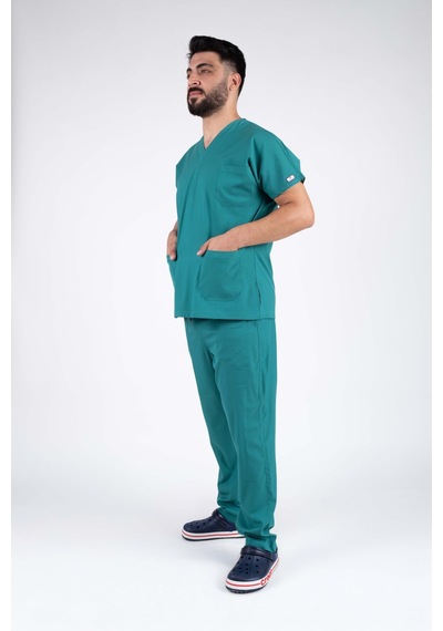 Cerrahi Yeşil Erkek Likralı Hemşire Ve Doktor Forması Takımı Scrubs Hastane Üniforması