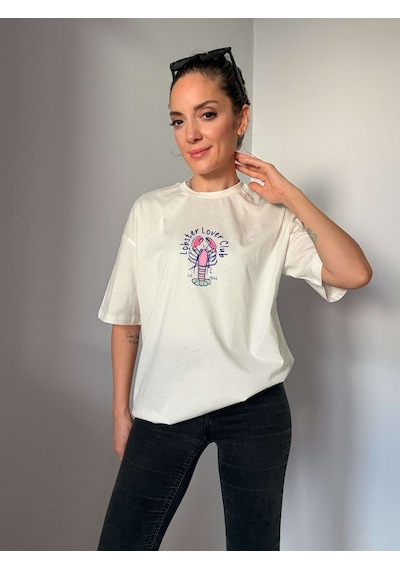 Ali Butik Ekru Lobster Lover Club Baskılı Tişört Ekru Ali Butik Ekru Lobster Lover Club Baskılı Tişört Ekru