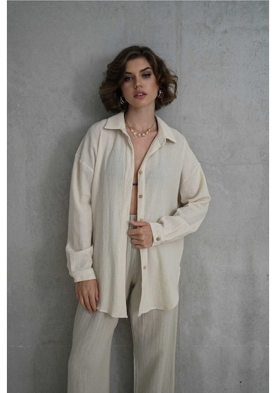 Mai Collection Mai Studios Co. Jovena Gizli Düğme Detay Naturel Gömlek Natürel