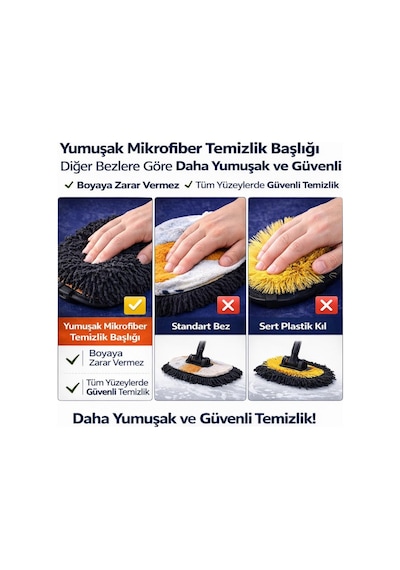 Coofbe Ayarlanabilir Teleskopik Mikrofiber Araç Yıkama Fırçası+yedek Bez Kuru Islak Oto Yıkama Fırçası 1 Adet