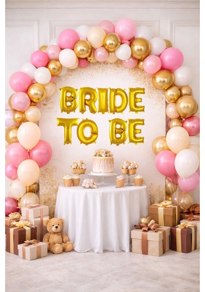 Bride To Be Tema Gold Folyo Harf Pembe Beyaz Gold Kum Beji Balonlu Pompa Hediyeli Süsleme Altın - Pembe