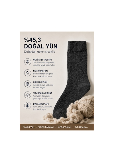 Dündar Çorap Erkek Kışlık Yün Çorap 4 Çift 40-44 Termal Sıcak Tutan Yumuşak Outdoor Günlük Çorap Gri-lcvrt-syh-khv