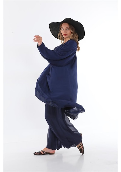 Bohem Stil Italyan Ipek Detaylı Oversize Kap Bluz- Wes Pantolon Takım-8789 Lacivert