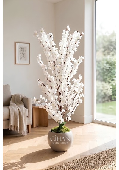 Yapay Beyaz Sakura Kiraz Çiçeği Ağacı 120 Cm - Küre Plastik Saksılı 27x33 Cm Saksı