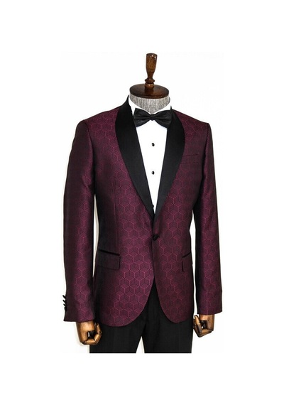 Wessi Beşgen Desenli Şal Yaka Bordo Erkek Smokin Ceket Bordo