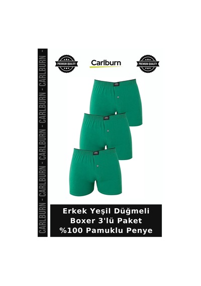 Carlburn Premium Erkek Yeşil Düğmeli Boxer 3'lü Paket %100 Pamuklu Penye Gardrop Günlük Rahat