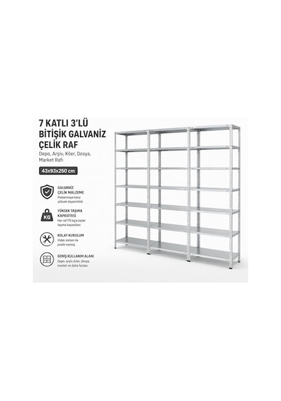 7 Katlı 3'lü Bitişik Galvaniz Çelik Raf - Depo, Arşiv, Kiler, Dosya, Market Rafı, Çok Amaçlı Raf 43x93x250 Cm Gri