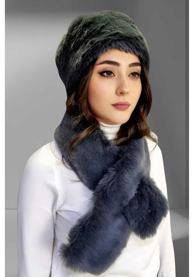 Tezzgelsin Kadın Vegan Kürk Kalpak-atkı Set Füme