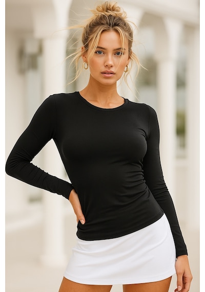 Kadın Siyah Bisiklet Yaka Uzun Kollu Body Siyah
