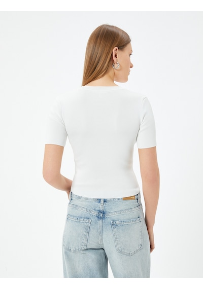 Koton Crop Triko Kazak Kısa Kollu Bisiklet Yaka Ekru 5wak90005ht Ekru