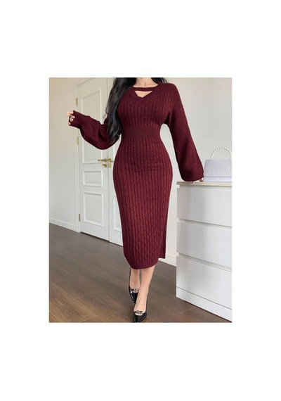 Sayzen Your Shine Choker Yaka Saç Örgü Desenli Balon Kol Kadın Triko Elbise Bordo