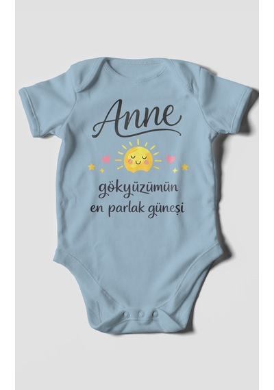 Morivokids Anne, Gökyüzümün En Parlak Güneşi Kısa Kollu Bebek Body Bebe Mavisi