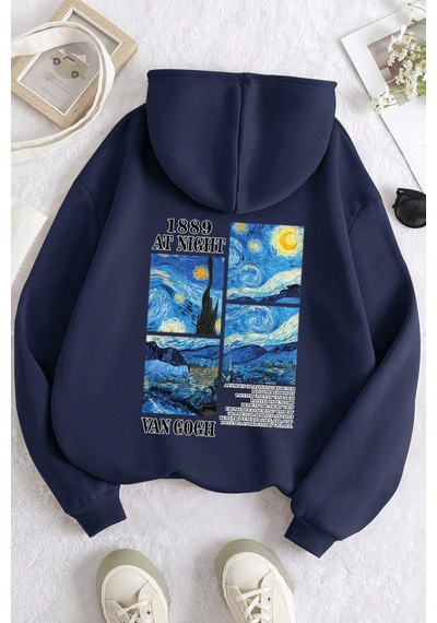 Vangogh Baskılı Oversize Sweatshirt Lacivert