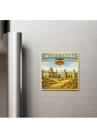 Retro Etiyopya Addis Ababa Şehri Temalı Vintage Buzdolap Magneti 9x9 Cm
