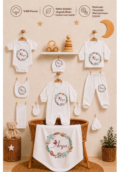 Pia Baby 10 Parça İsme Özel Kız Bebek Hastane Çıkışı %100 Pamuk Organik Baskılı 1017100x Ekru