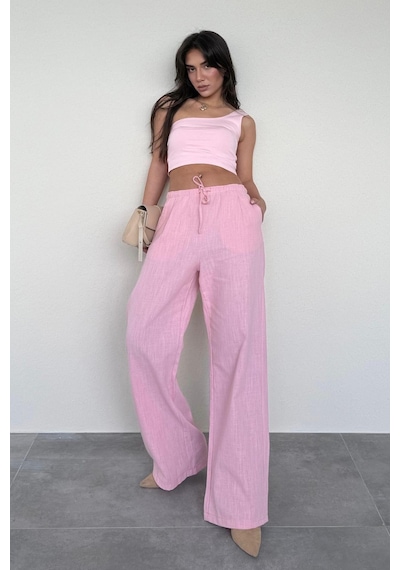 Madmext Pembe Beli Büzgülü Wide Leg Kumaş Pantolon Mg1950 Pembe