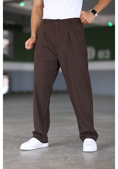 Bürke Baggy Çift Pileli Kahverengi Renk Beli Lastikli Kaliteli Rahat Kesim Klasik Bol Paça Baggy Pantolon