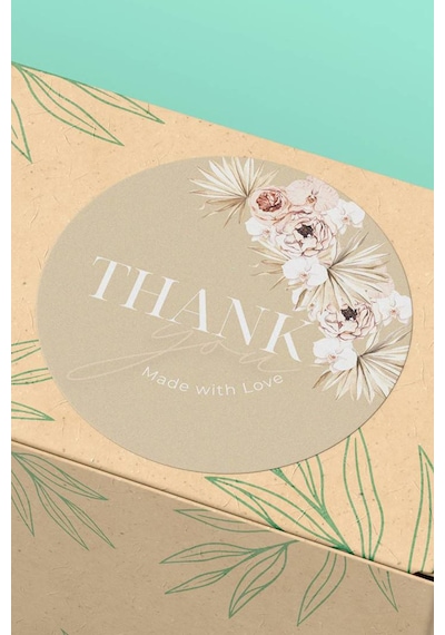 Bej Çiçekli Thank You Sticker 3x3cm St2319 Çok Renkli