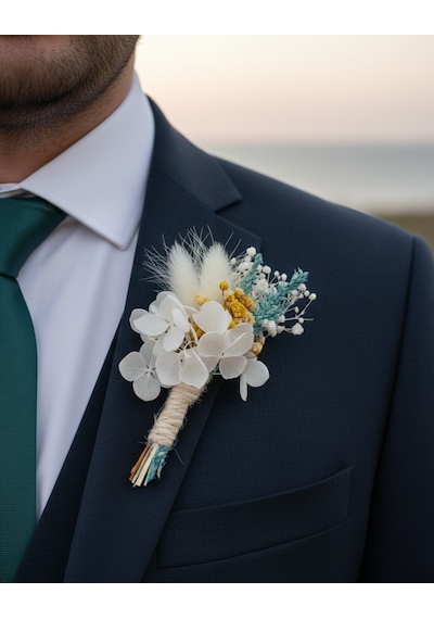 Beyaz Ortancalı Kuru Çiçek Damat Yaka Çiçeği, Nikah, Nişan Ve Düğün Aksesuarı Sarı