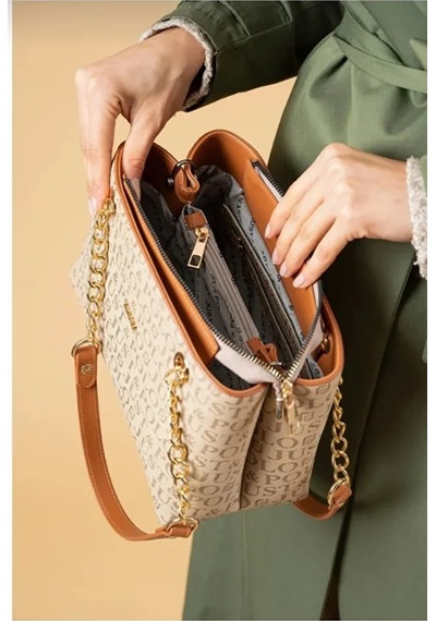 Just Polo Orijinal Kadın 3 Bölmeli Zincir Detaylı Ayarlanabilir Askılı Lüks El & Omuz Çantası Shoulder Bag Kum - Taba