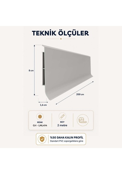 Linela Suya Dayanıklı Pvc Süpürgelik 8 Cm - Gri - Lnl414