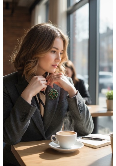 Kristal Taşlı Çiçek Broş Yeşil