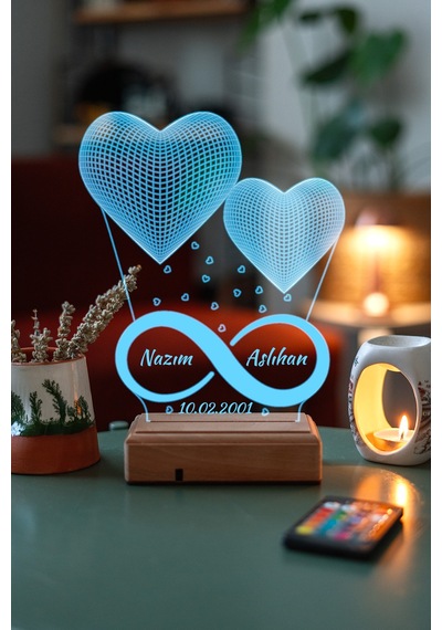 Sevgiliye Hediye Özel 3D 2 Kalp Led Gece Lambası