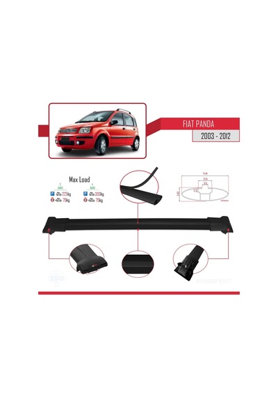 Fiat Panda 2003-2012 Arası İle Uyumlu Fly Model Ara Atkı Tavan Barı Siyah 3 Adet Bar