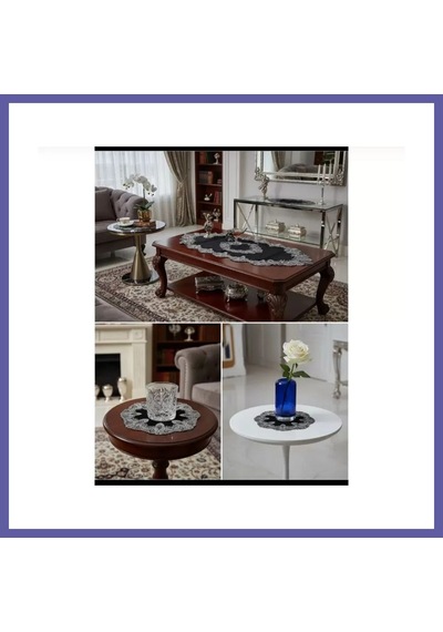 Bezos Elora Model Siyah Velvet Kadife 5 Parça Dantelli Salon Takımı Runner Seti No 3616 Nıda