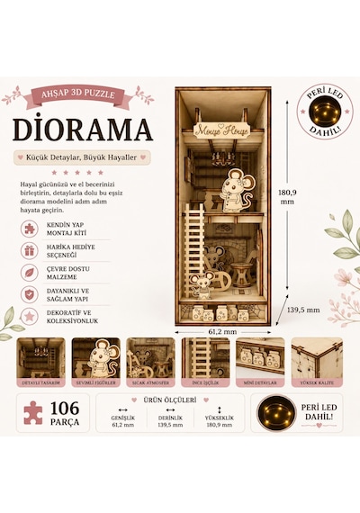 Algwooddesign Mouse House Book Nook Ahşap Maket, 106 Parça Dıy Minyatür Fare Evi Dioraması, Peri Led Dahil, Mdf 3d Puzzle, Kitaplık Dekorasyon Seti, 13,95 X 6,12 X 18,09 Cm