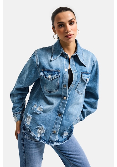 it's basic Kadın Mavi 12s6-4 Yırtık Detaylı Denim Gömlek