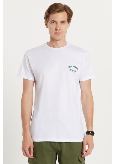 Tudors Erkek Slim Fit Dar Kesim %100 Pamuk Yumuşak Dokulu Baskılı Beyaz Bisiklet Yaka Tişört-34776 Beyaz