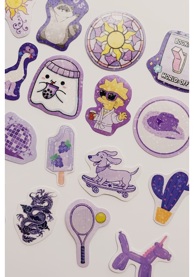 Mor Renk Temalı Hologram Stickerlar 21 Adet Sticker Paketi Suya Dayanıklı Laptop Termos Telefon Etiket Seti