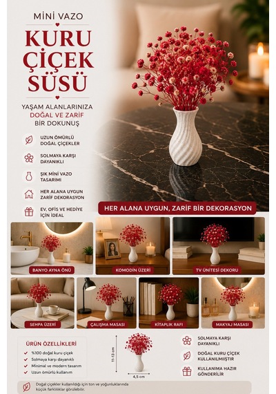 3'lü Mini Vazo Kuru Şoklanmış Çiçek Seti Dekoratif Masa Üstü Ve Ev Süsü Kırmızı