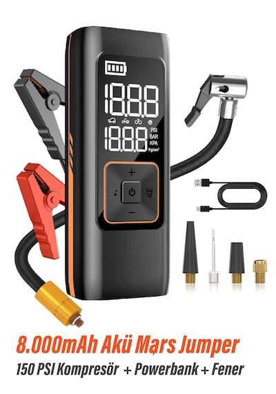 Akü Takviye Jump Starter 8000mah Araç Marş Basma Cihazı Takviye Kompresör Lastik Şişirme Hava Pompası