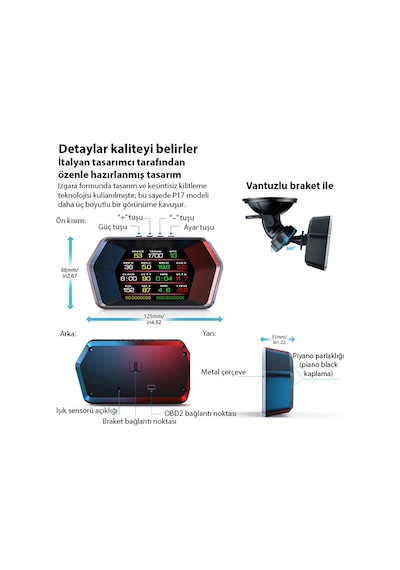 Ally P17 Hud Obd2 & Gps Çift Sistemli Araç Bilgisayarı Dijital Kilometre, Su Ve Yağ Sıcaklığı Ölçer, Hız & Alarm Göstergeli Oto Elektroniği