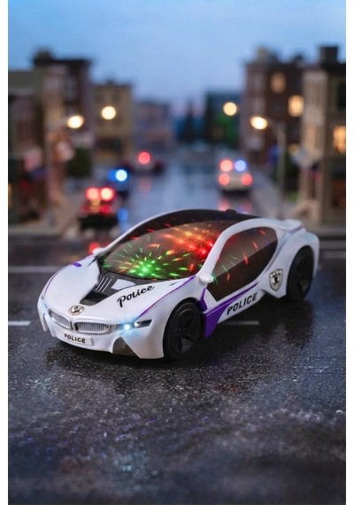 Çarp Dön Araba 1:18 Ölçekli 25 Cm Müzikli Ve 3d Işıklı Pilli Eğlenceli Oyuncak Polis Arabası Beyaz
